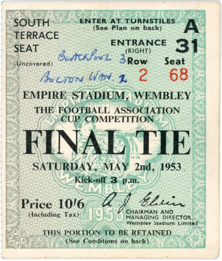 1953 F.A Cup Final Blackpool vs Bolton Wanderers ticket football programme