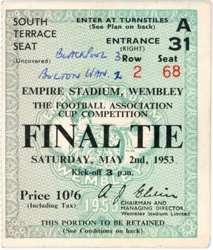 1953 F.A Cup Final Blackpool vs Bolton Wanderers ticket