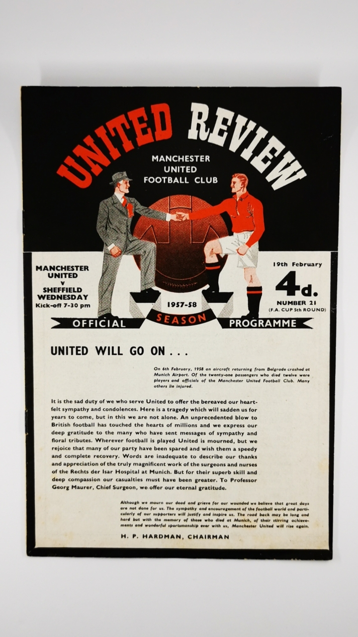 1957-58 Manchester United vs Sheffield Wednesday programme, first game after Munich disaster *Token in tact*