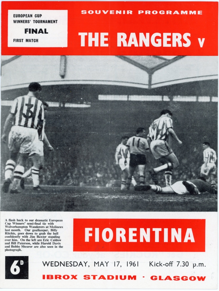 1961 European Cup Winners Cup Final 1st leg Glasgow Rangers vs Fiorentina programme