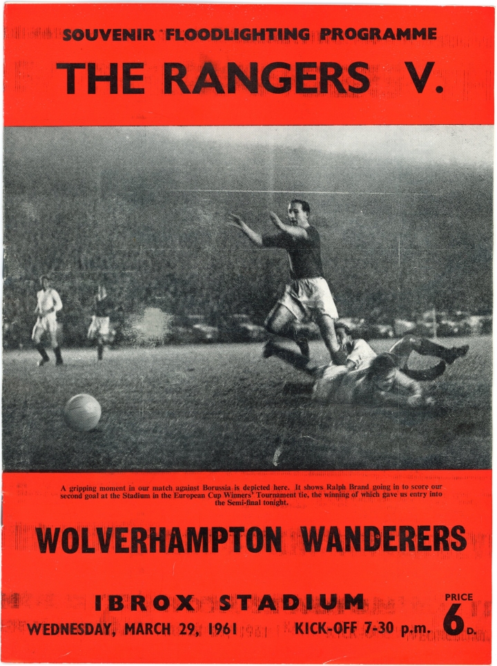 1961 European Cup Winners Cup Semi Final Glasgow Rangers vs Wolverhampton Wanderers programme