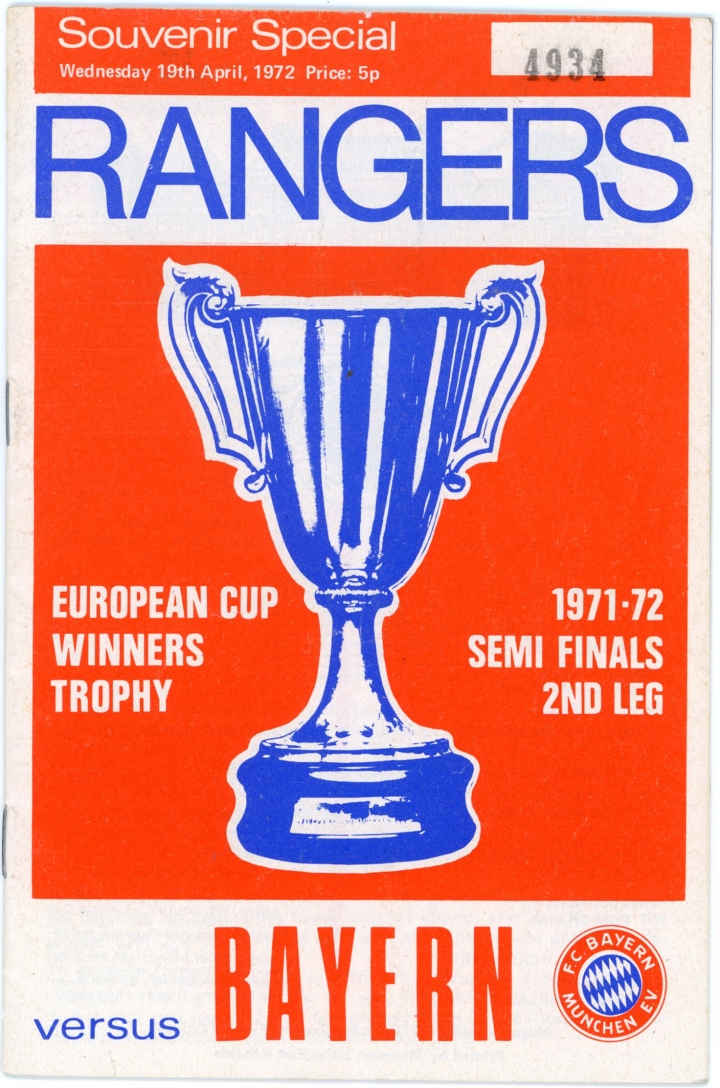 1972 European Cup WInners Cup Semi Final 2nd leg Glsgow Rangers vs Bayern Munich programme football programme