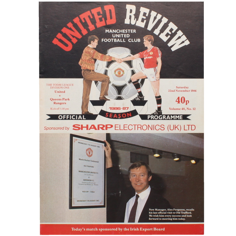 1986-87 Manchester United vs Queens Park Rangers Sir Alex Ferguson first home game football programme