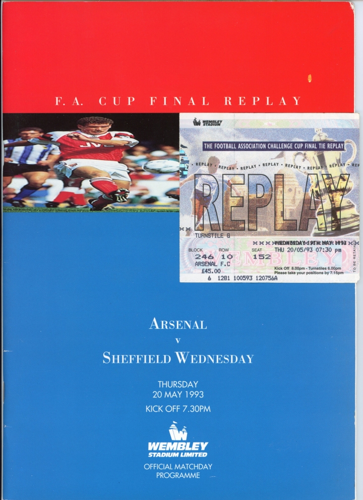 1993 F.A Cup Semi Final Replay Arsenal vs Sheffield Wednesday programme and ticket