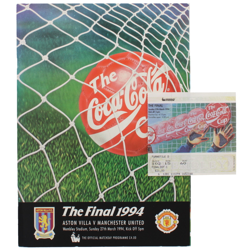 1994 League Cup Final Aston Villa vs Manchester United programme and ticket