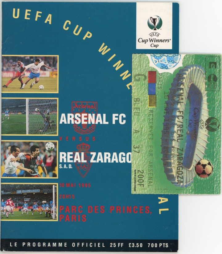 1995 UEFA Cup Winners Cup Final Arsenal vs Real Zaragoza programme and ticket football programme