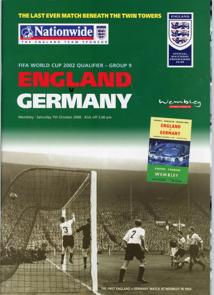 2000-01 England vs Germany, Last match beneath the Twin Towers football programme and ticket