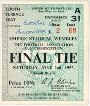 1953 F.A Cup Final Blackpool vs Bolton Wanderers ticket