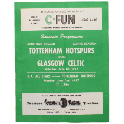 1957 Tottenham Hotspur vs Celtic programme, played at Empire Stadium, Vancouver