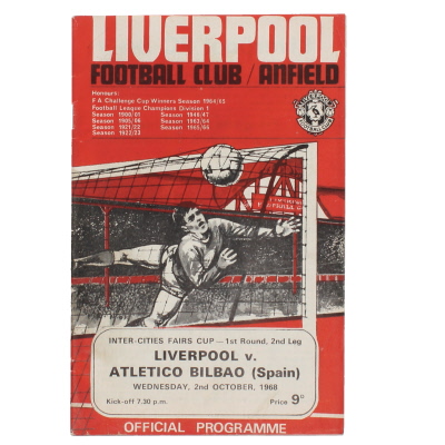 1968-69 Liverpool vs Atletico Bilbao programme Fairs Cup programme
