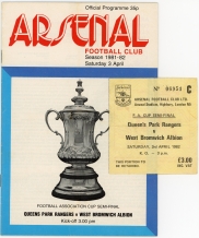 1982 F.A Cup Semi Final Queens Park Rangers vs West Bromwich Albion programme and ticket